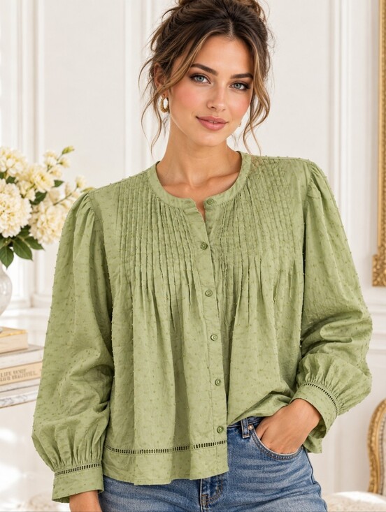 Tops - Old Navy Green Swiss Dot Pintuck Button Front Cotton Blouse | Size Medium